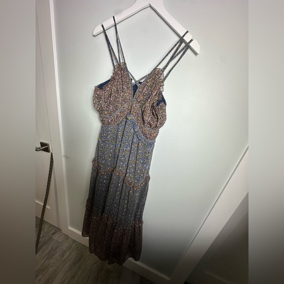 Lucky Brand Ruffle Floral Maxi Sundress Blue Brown w Gold  Size Large - Picture 13 of 16
